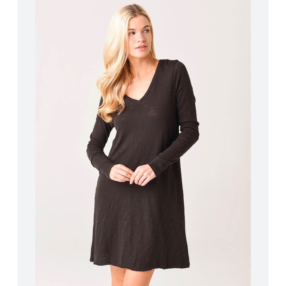 ATM Anthony Thomas Melillo Womens Slub Cotton V-Neck Long Sleeve Dress Black XS‎